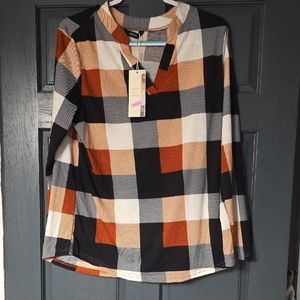 Plaid Long Sleeve Top in Black, Orange, and White